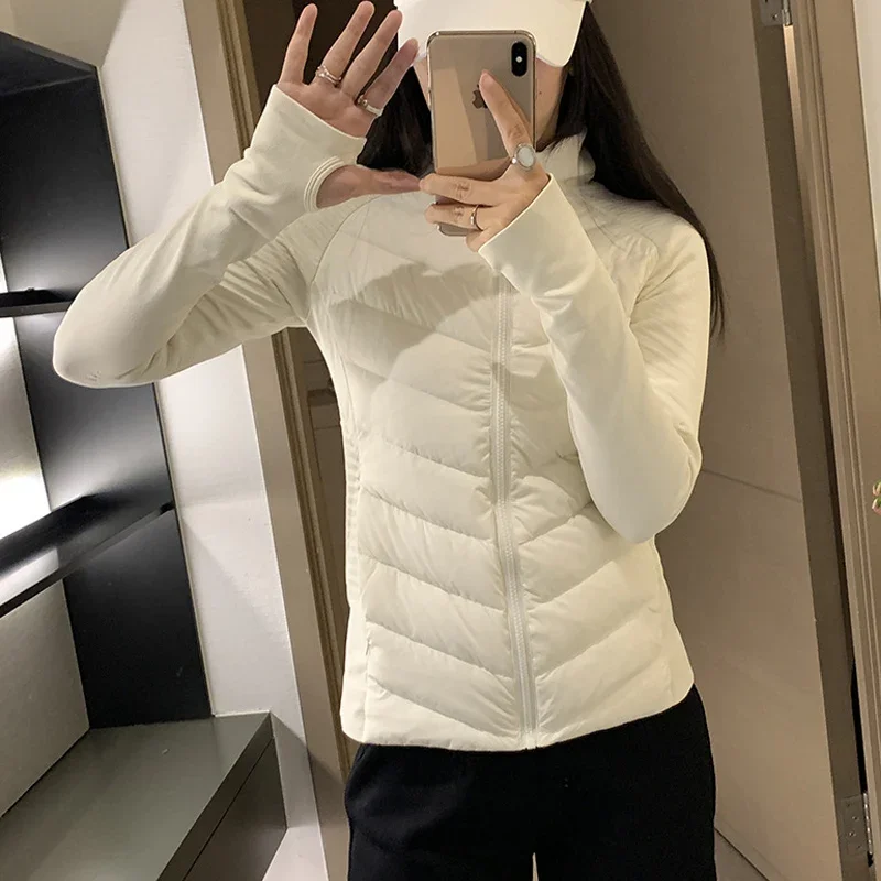 Outono inverno feminino leve jaqueta de penas de ganso gola quente fino ajuste lazer ao ar livre esportes yoga casaco