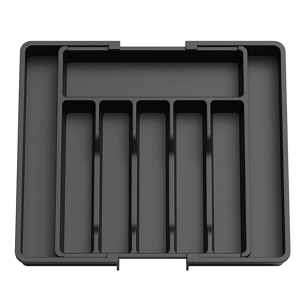 Organizador de Cubiertos, Bandeja para Cubiertos Extensible, Cubertero para Cajón para Menaje, Organizador de Cubertería Ajustable y Compacto para Cucharas Tenedores Cuchillos, Grande, Negro