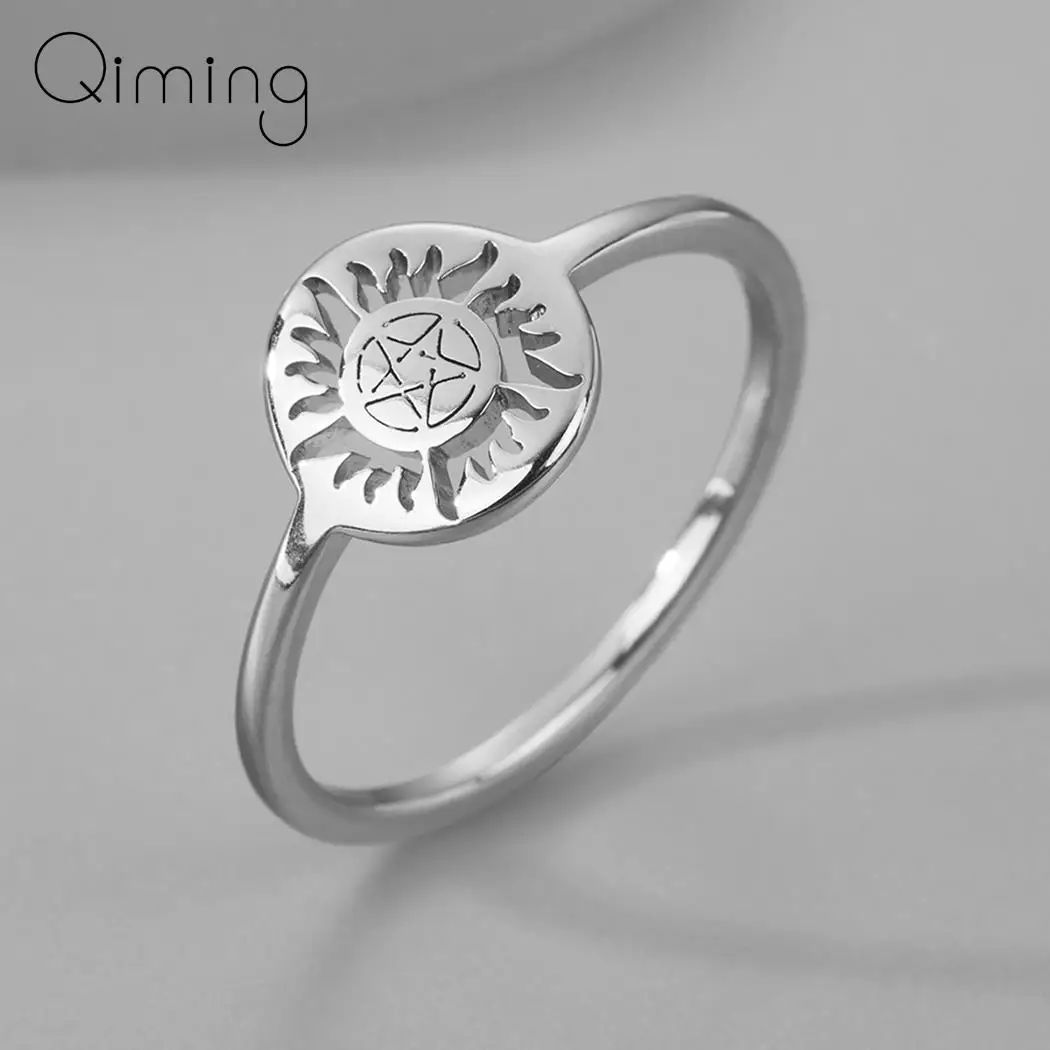 Stainless Steel Silver Pentagram Ring Men Women Flame Star And Sun Slavic Vintage Jewelry Stackable Rings Gift