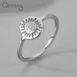 Stainless Steel Silver Pentagram Ring Men Women Flame Star And Sun Slavic Vintage Jewelry Stackable Rings Gift