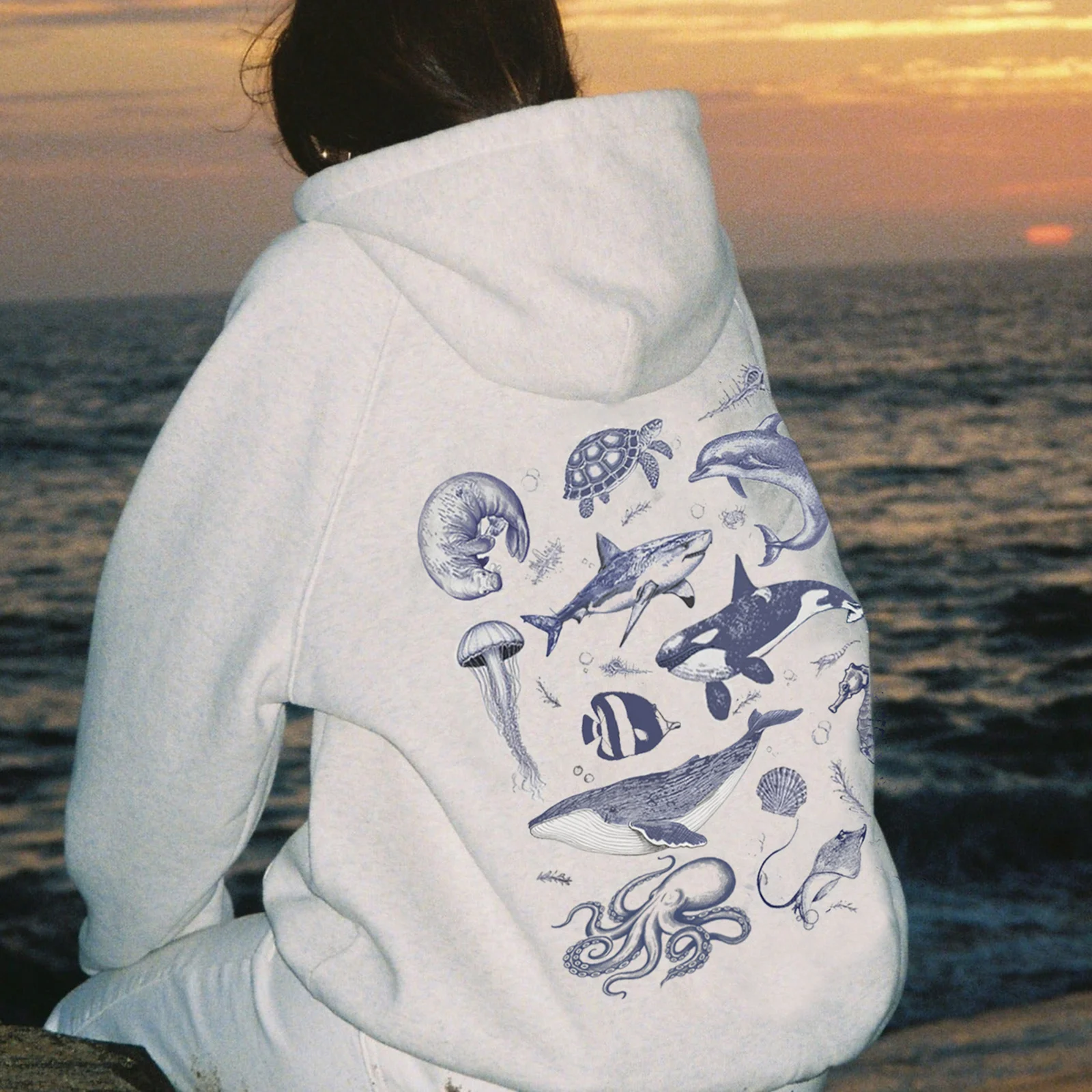 Women s Loose Fit Hooded Sweatshirt Fashionable Sea Life Print Long Sleeve Beach Pullover Casual Fall Daily Wear