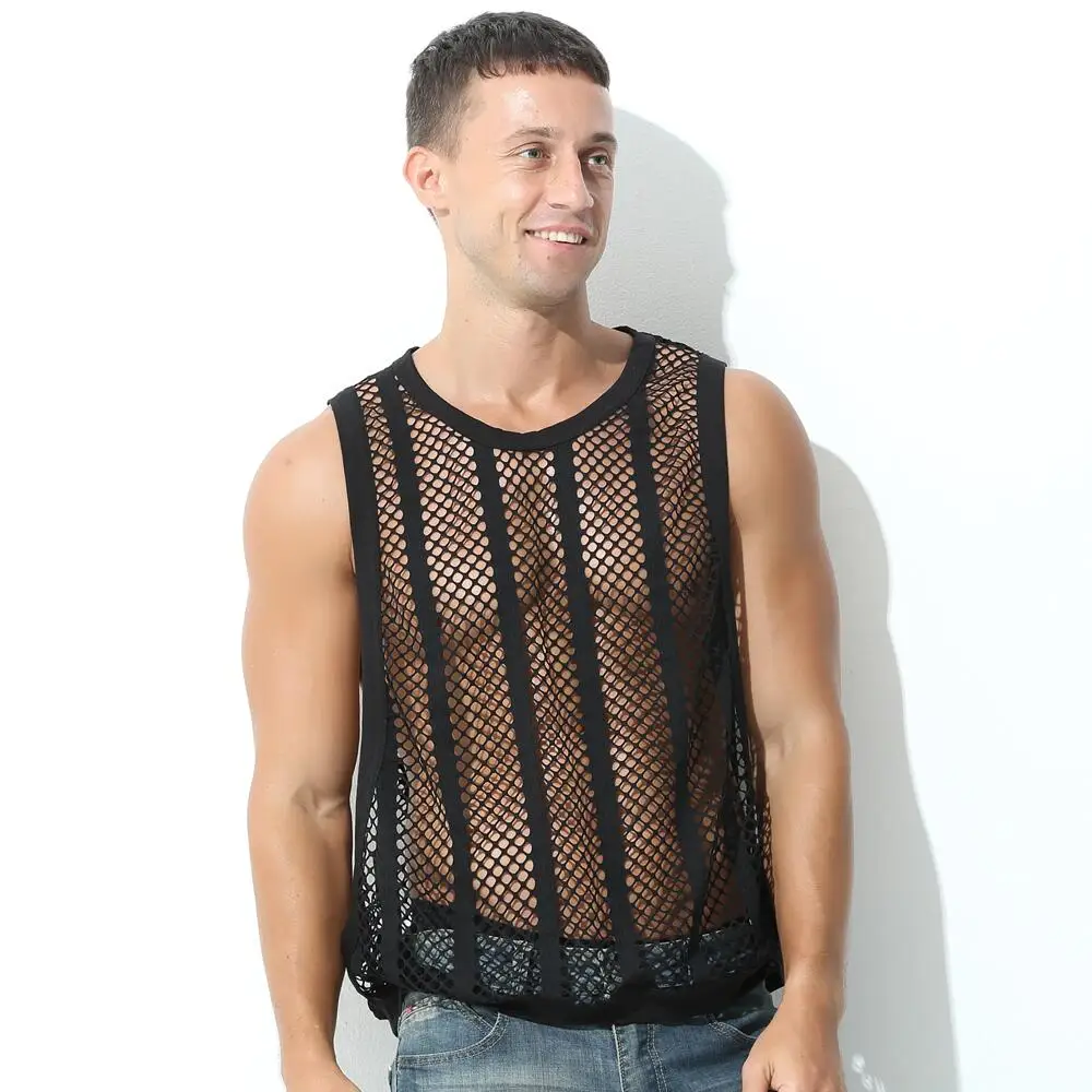 Mens Undershirts Vest Mesh See Through Underwear Sleeveless T Shirt Sexy Singlets Fitness Transparent Tank Tops Gym Clothing