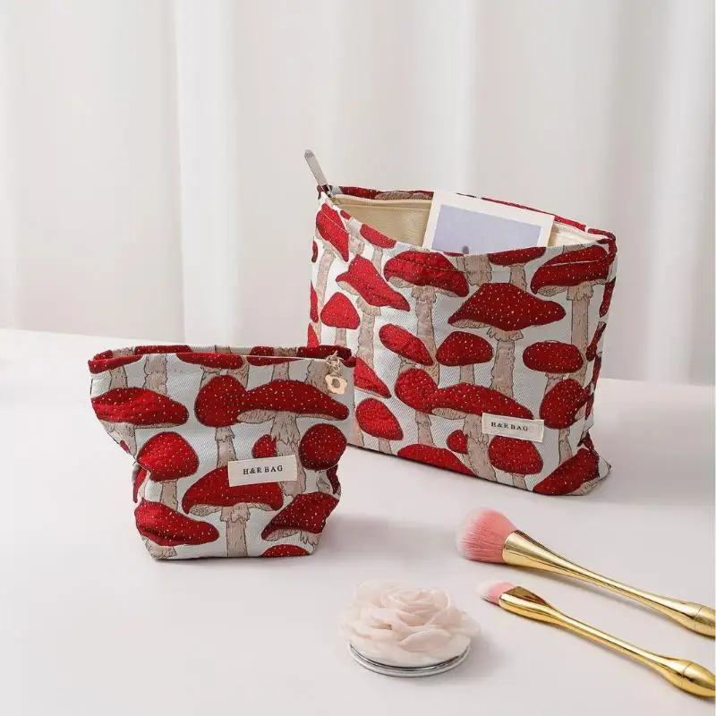 New Retro Art Mushroom Jacquard Fabric Makeup Bag Women Zipper Square Pouch Clutch Cosmetic Travel Toiletry Bag view 2