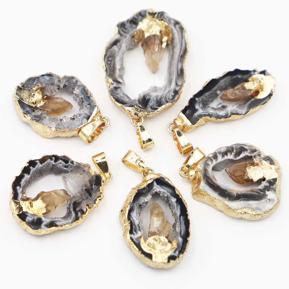 Natural Stone Black Agate Druzy Topaz Necklace Pendant Irregular Quartz Crystal DIY Jewelry Making Accessorie 4Pcs Free Shipping