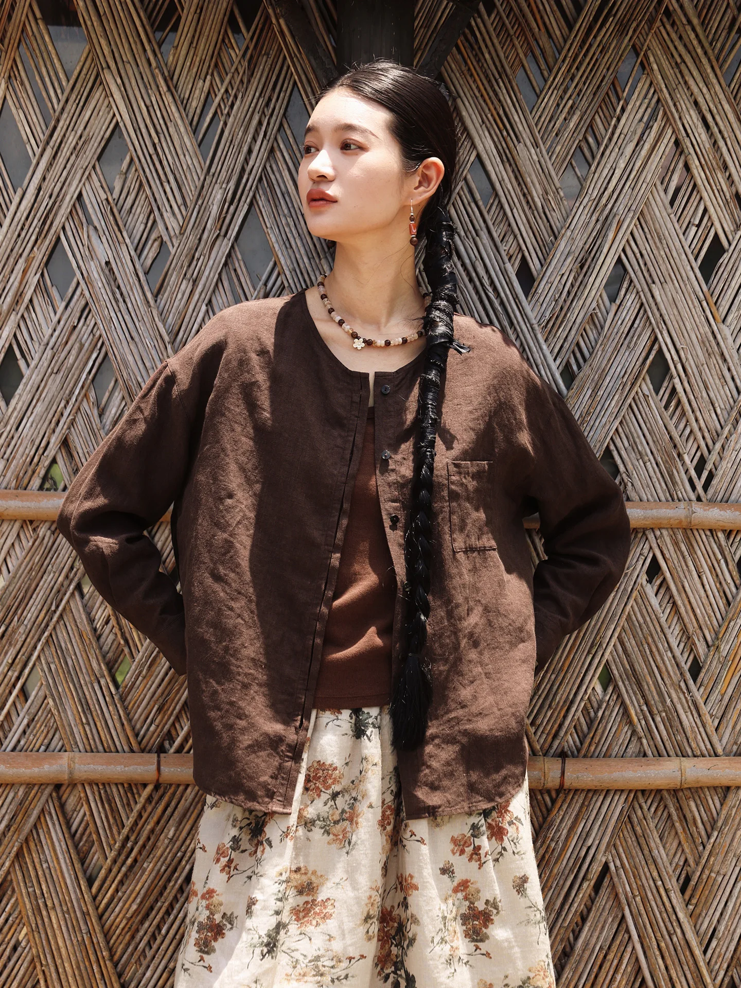 

Spring New Women's irt Special Bloom 507 Linen Waed round Ne Open Front oulder Drop Long Sve ket Casual Sle