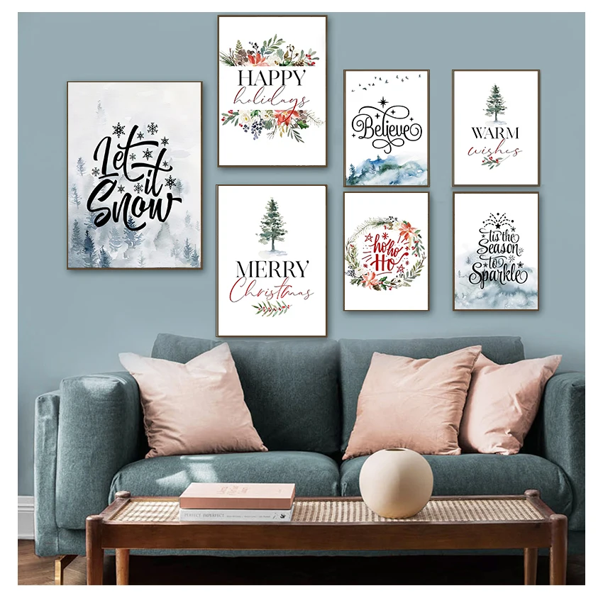 Picture Merry Christmas Party Decoration Nordic Wall Decor Watercolor Art Painting Prints Happy Holidays Quotes Canvas Posters