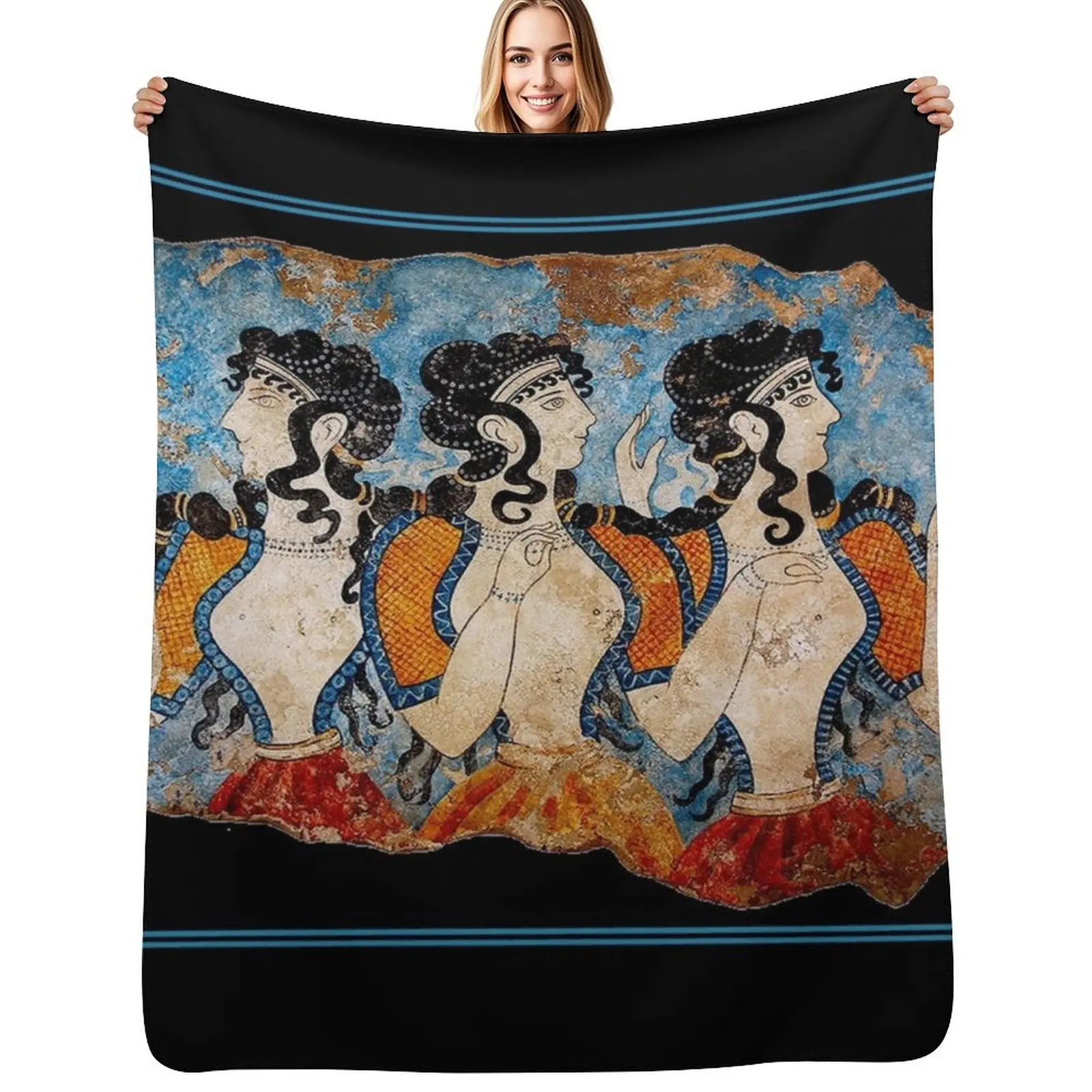 GREEK : Ancient Greece Ladies of the Court Fresco Frieze Print Throw Blanket Fashion Sofas Hair Furrys Soft Big Beach Blankets