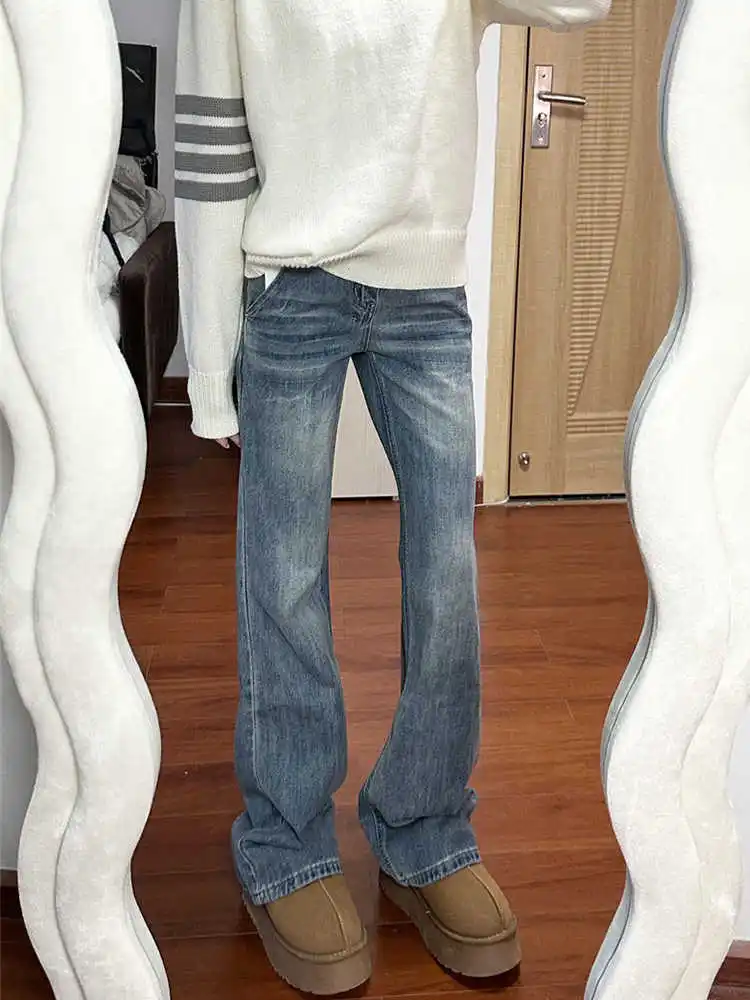 

2025 American Retro Crackle Blue Jeans Women's Winter Fleece-Lined Low Rise Wide Leg Loose Straight Drag Hem Pants