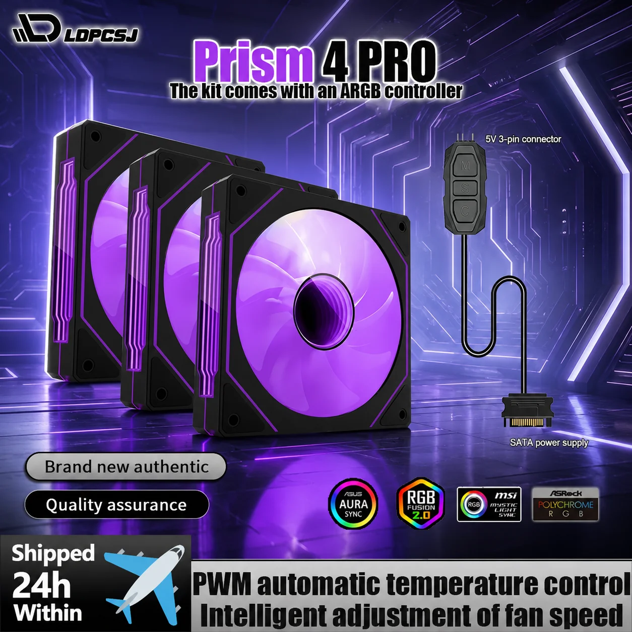 LDPCSJ PRISM 4 PRO 120mm PC Case Fan Equipped with ARGB Controller, 4-Pin PWM Silent Cooling Fan,12V 3Pin Addressable ARGB,45.2CFM High Airflow 600-1500RPM Synchronizable RGB Fan for Gaming Desktop Water Cooling Computer Chassis