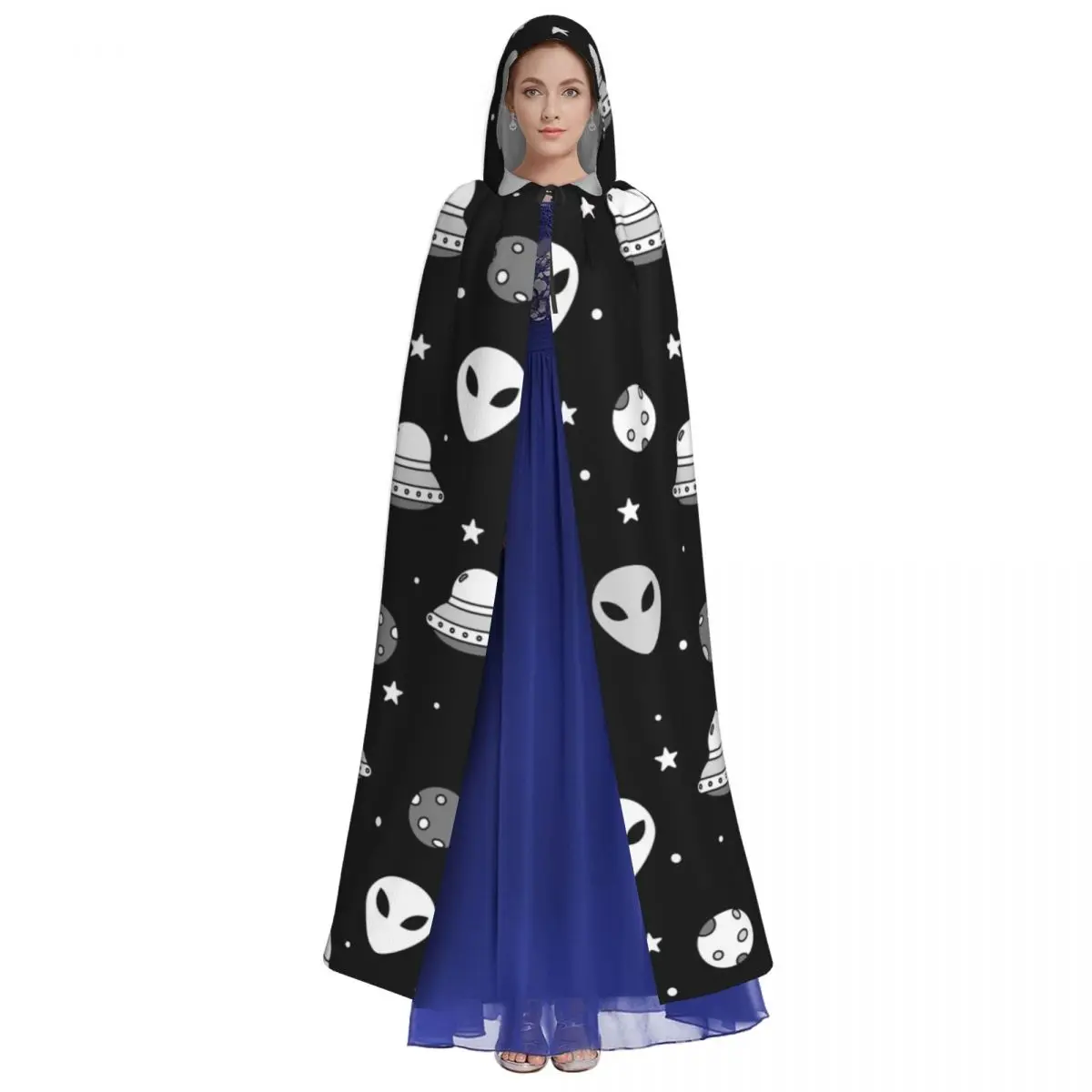 Long Cape Cloak Space Themed Alien Face And Ships Hooded Cloak Coat Autumn Hoodies