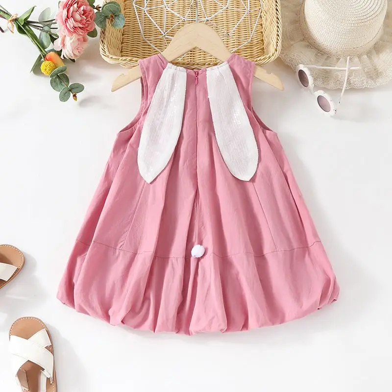 1-7Years Toddler Baby Summer Dresses for Girls Cute Rabbit Ear Sleeveless Dress Children Loose Causal Pink Outfits Clothing 3 4