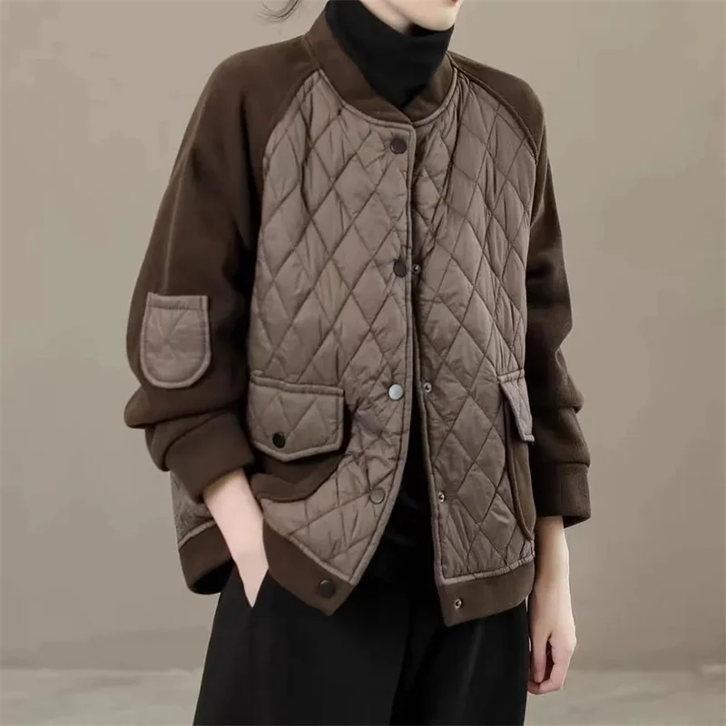 Winter Jacket With Cotton Clip Retro Diamond Grid Splicing Versatile Loose Simple Atmospheric Figure Jacket Cotton Coat Quilted