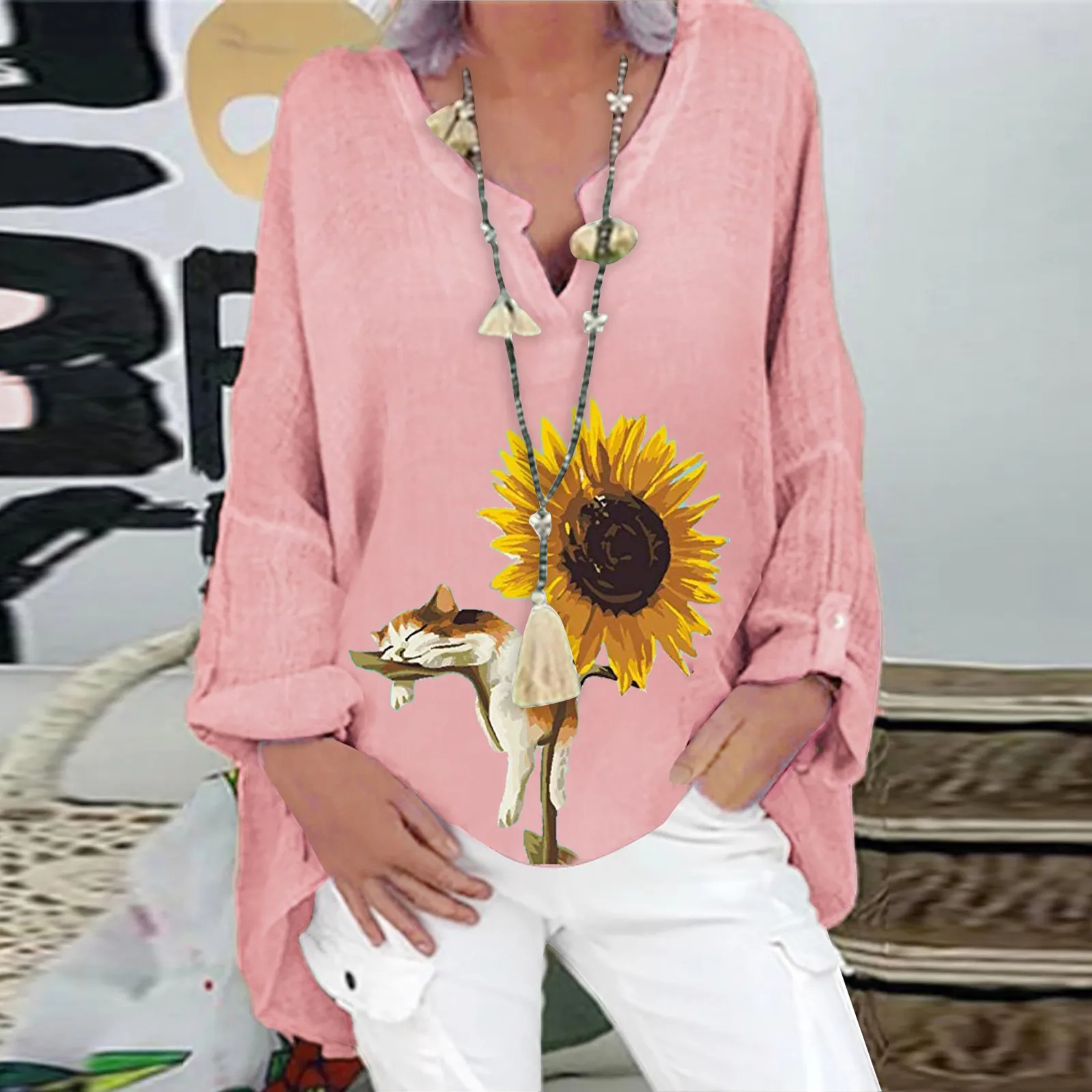 Sommer lose Leinen Bluse Frau Langarm Boho Top Shirts Sonnenblume Vintage Bohemian Kleidung elegante übergroße Blusen