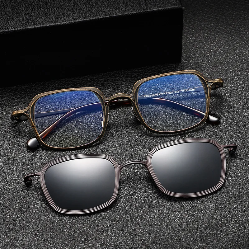 2 In 1 Pure Titanium Magnetic Clip Vintage Square Eyeglasses Frame Men Polarized Sunglasses for Men Luxury Brand Design Eyewear