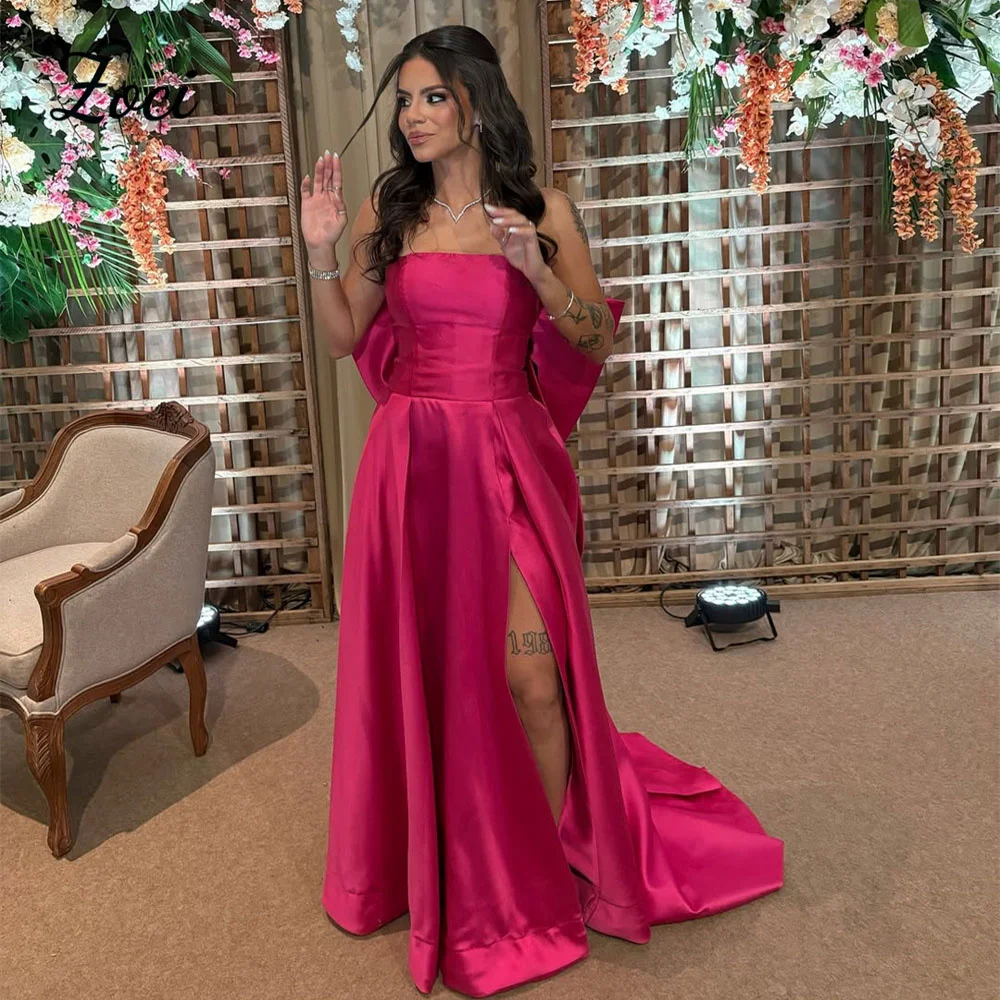 

Zoci A Line Satin Long Prom Dresses Customized Fuchsia Strapless Evening Gowns Big Bow Formal Party Wedding Engagement Gowns