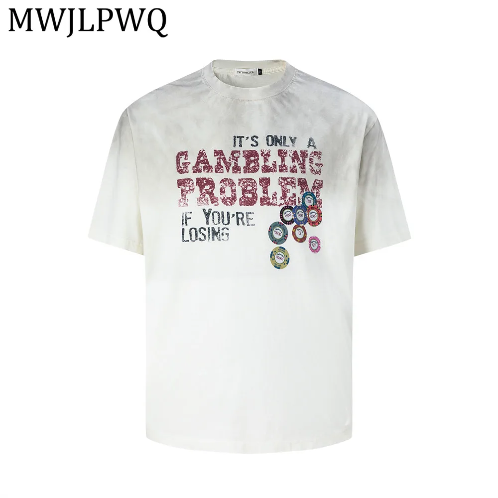 

Мужская футболка MWJLPWQ в уличном стиле с эффектом потертости и надписями, повседневная, с коротким рукавом, круглым вырезом, весенняя, хлопковая, Ins 14124