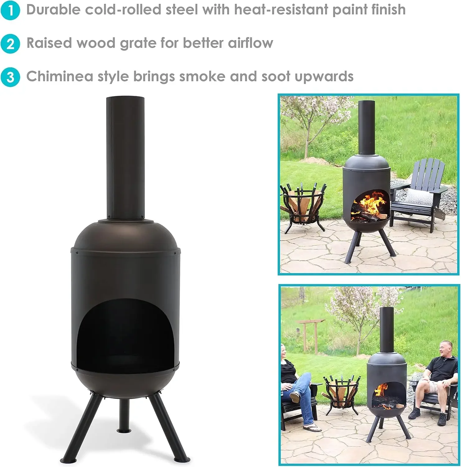 5-Foot Black Cold-Rolled Steel Modern Chiminea with Durable Wood Grate - Heat-Resistant Paint Finish