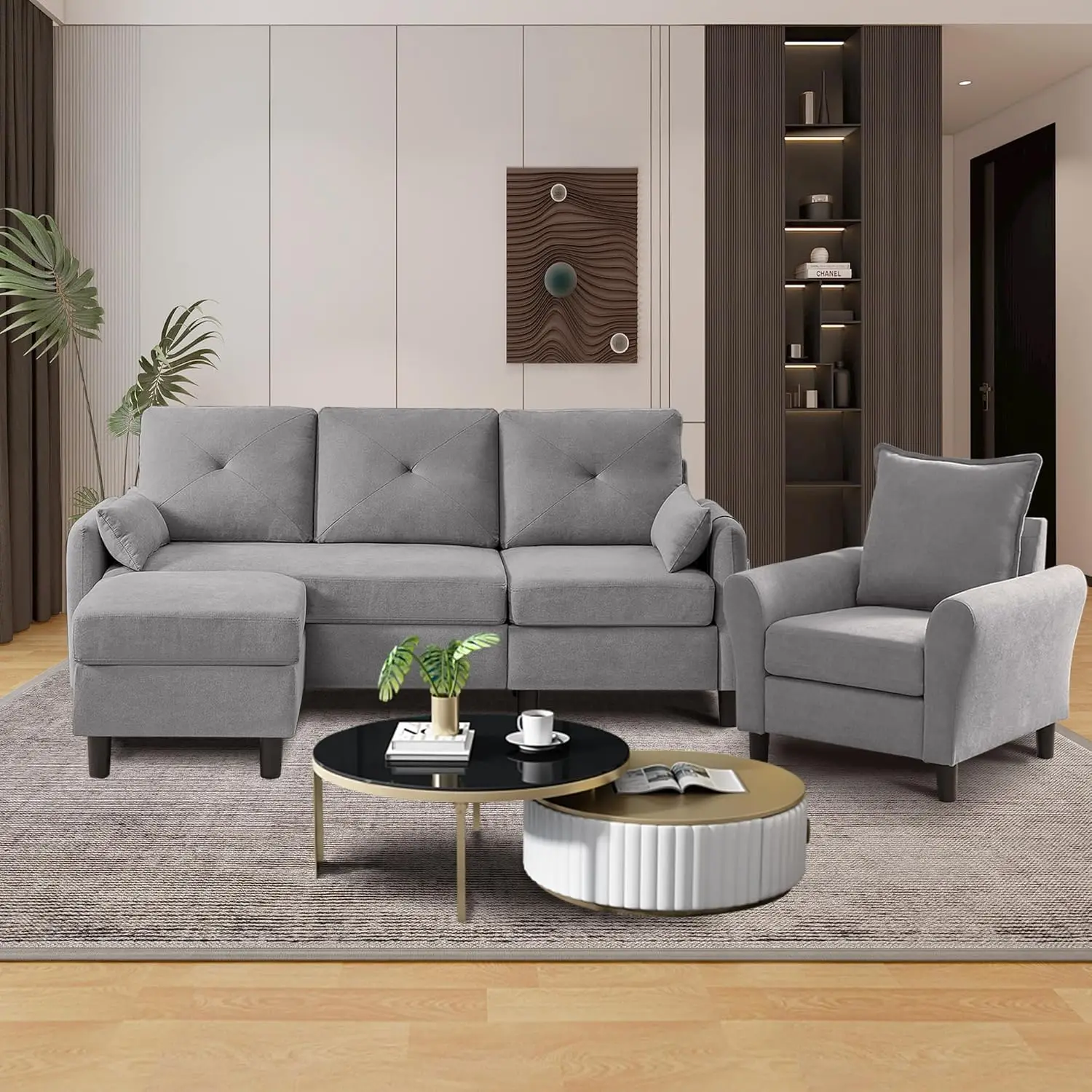 

77" Convertible Sectional Sofa,L Shaped Couch w/ Reversible Chaise,Modern Linen Fabric 3-Seat Couches for Living Room,Light Grey