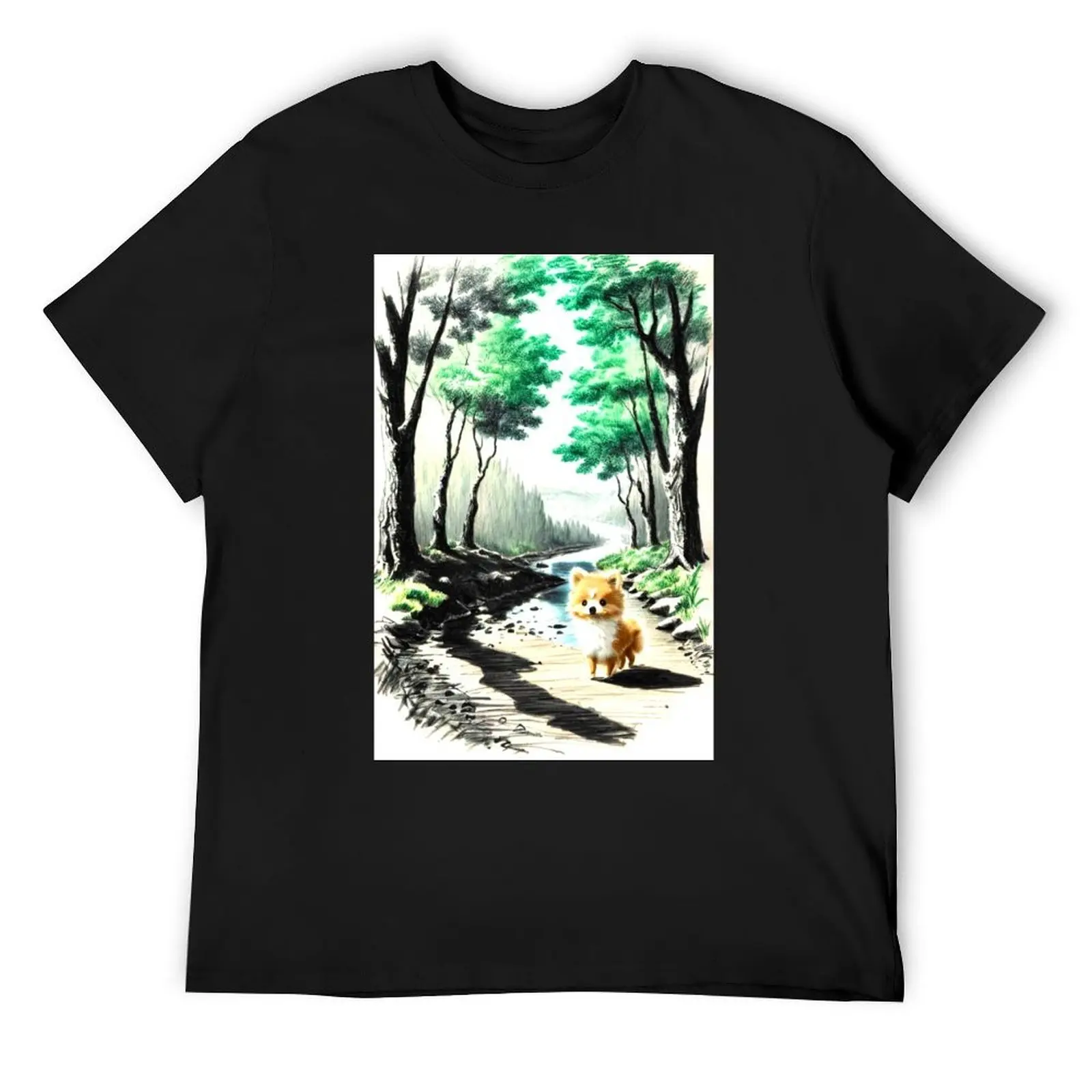 Enchanting Pomeranian Forest Trail: Colored Pencil Art Design T-Shirt customizeds for a boy custom shirt mens t shirt