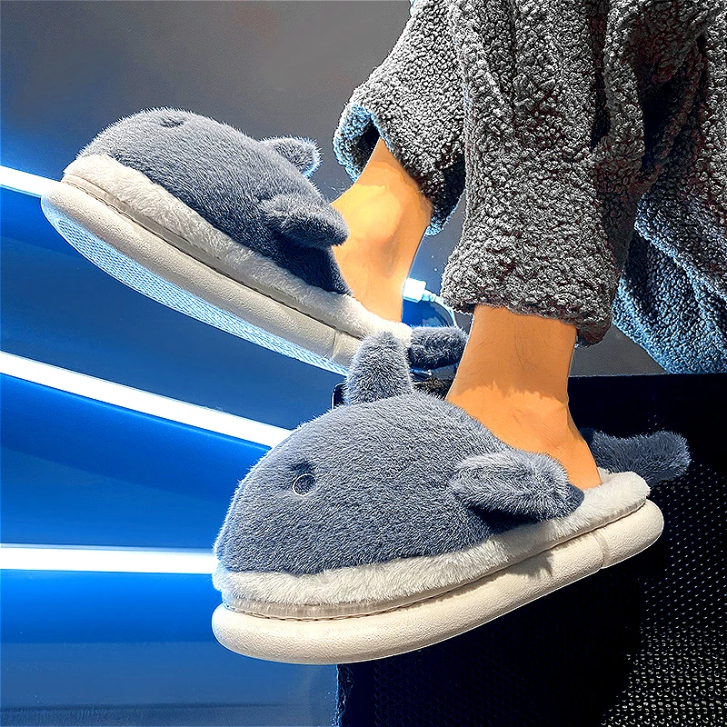 Men and Women Winter Cartoon Shark Plush Warm Cotton Shoes Couples Home Indoor Non-slip Slip-on Warm Pad Soft Sole Slippers