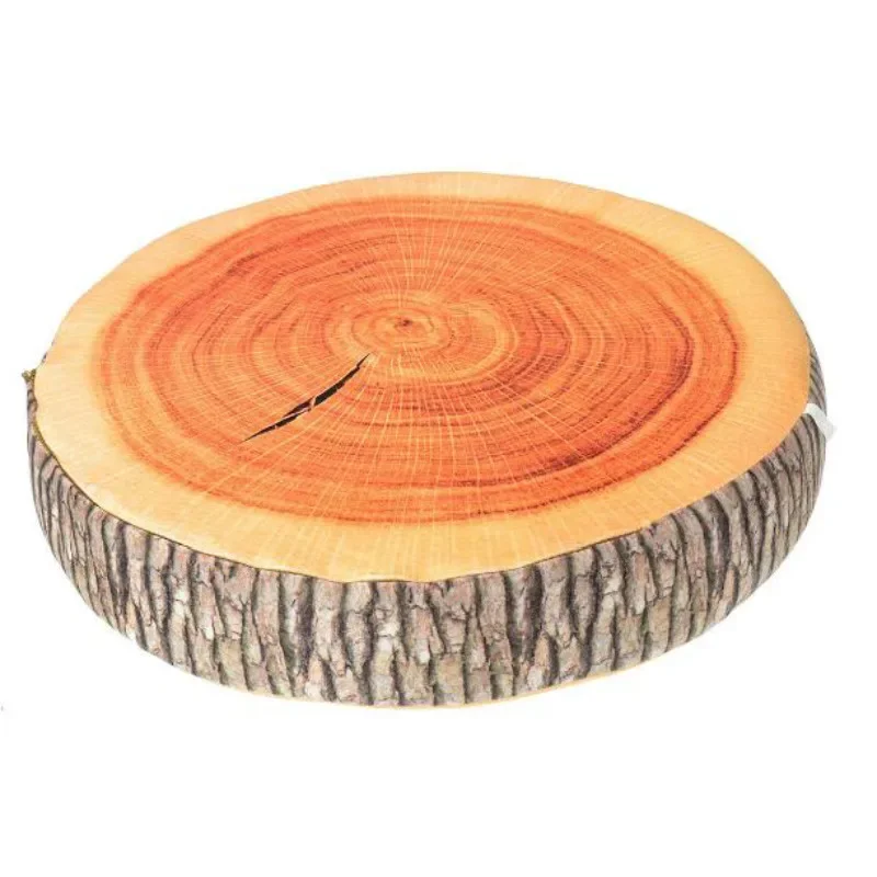 Niedliches, rundes Sitzkissen aus weichem Plüsch mit Holzmaserung, Dekokissen in Stumpfform für Zuhause und Auto – Detail 8