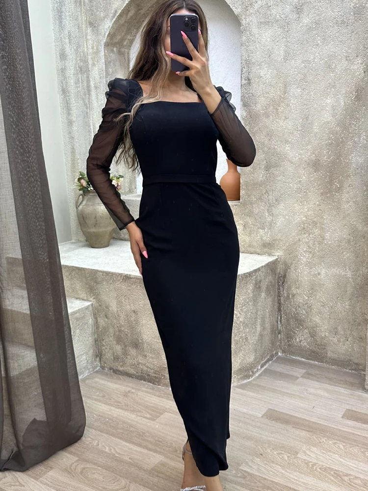 D​rauuing Elegant Party Dresses Women Skinny Mesh Long Sleeve Square Neck Vintage Black Ankle Length Dresses Women Autumn New