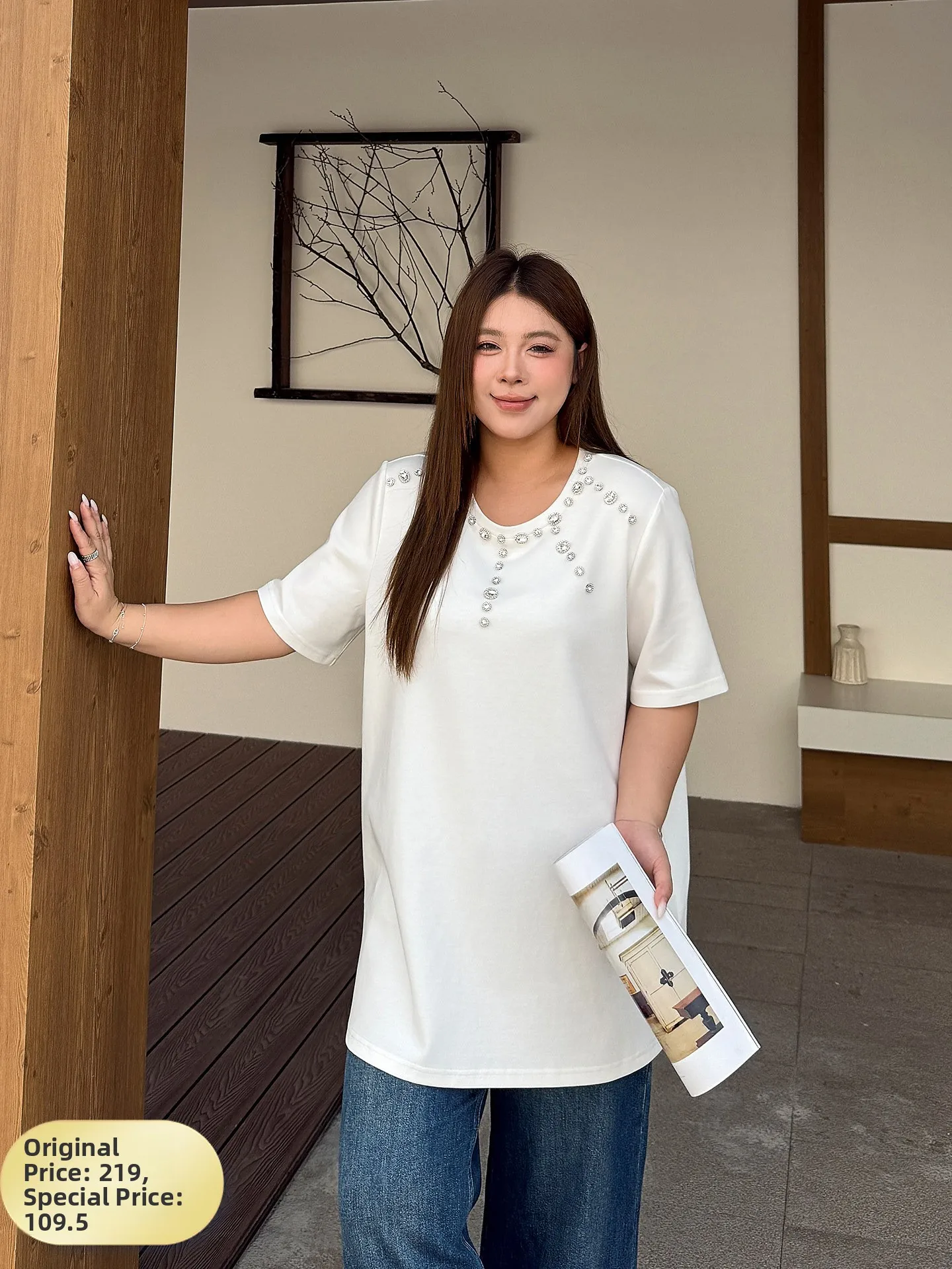 

Fashionable Hand-Sewn Diamond Large Size T-Shirt Women's Anti-Aging Spring New Loose Mid-Length Thick Short Sleeve Top