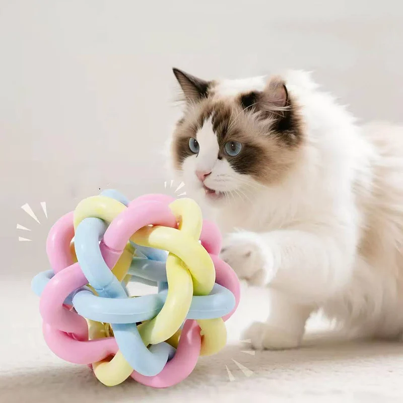 Hot sale Colorful bell shaped woven toys popular anti dog bite rubber pet chewing game ball picking cat and puppy toys