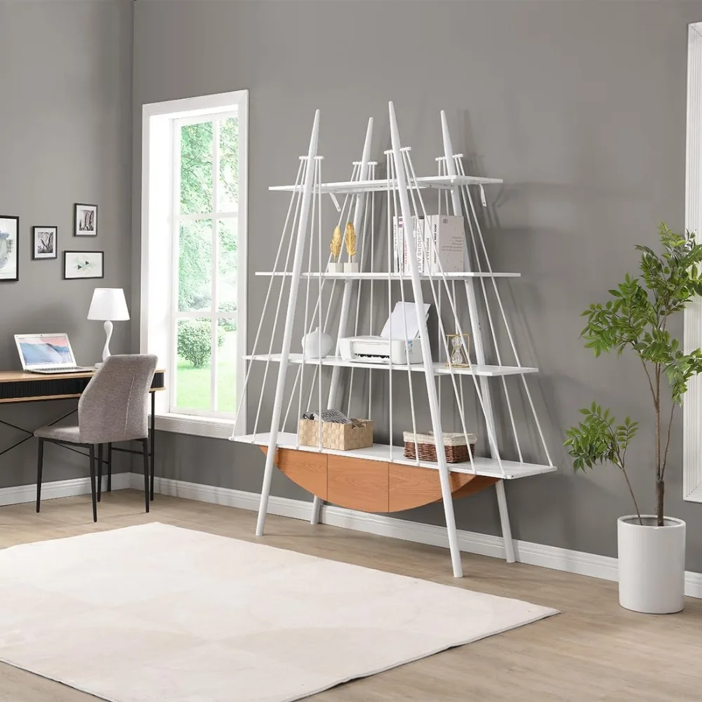 Bookshelf, 4 Tier Ladder Bookcase with Drawer 84.3 Tall Bookshelves for Storage Display Decor Easy Assembly Bookcase