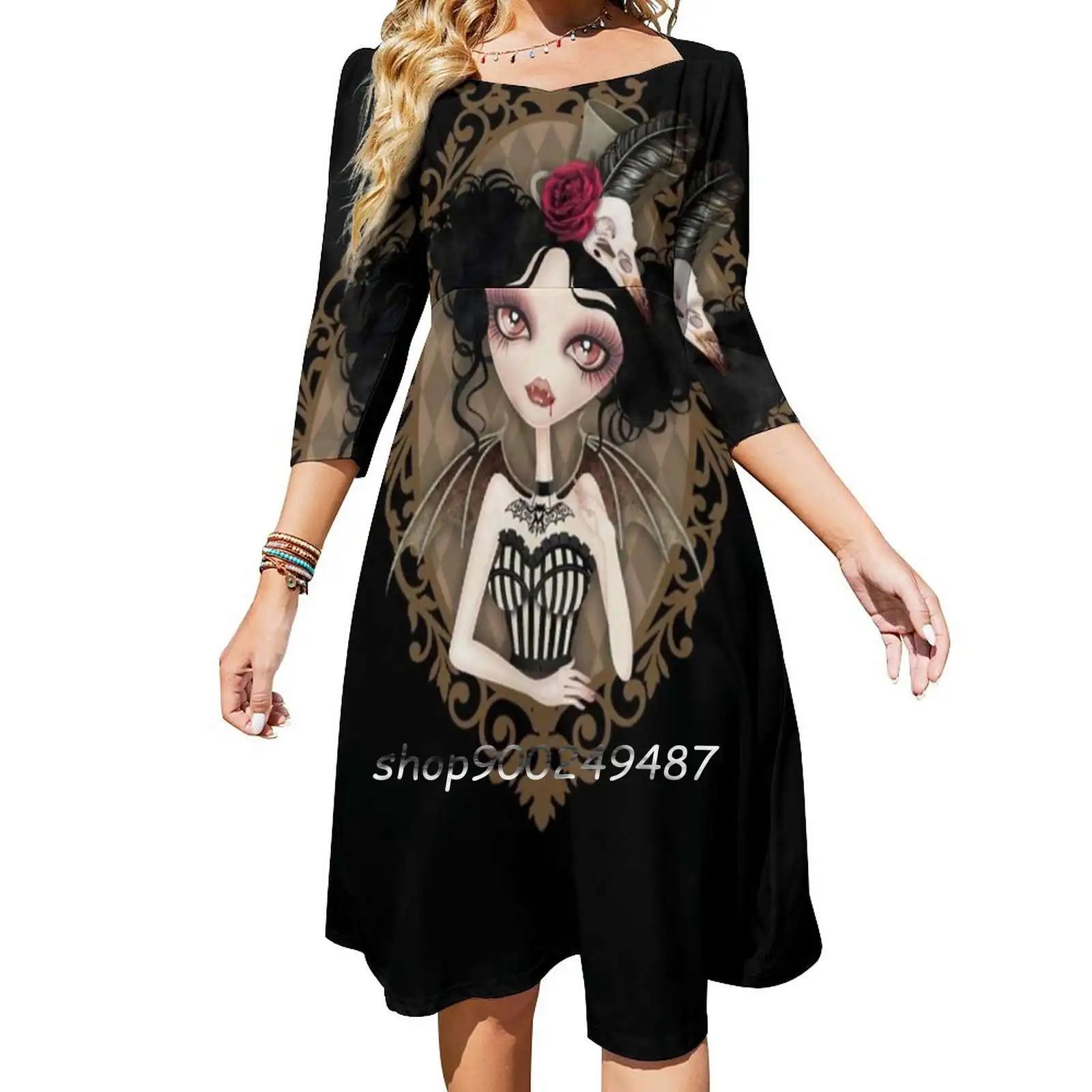 Countess Nocturne Square Neck Dress Cute Loose Print Dresses Elegant Beach Party Dress Vampire Vampyre Gothic Bat Victorian