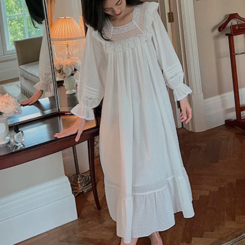 Autumn Winter Pure Cotton Night Dress Women Sweet Long Sexy Nighty Peignoirs Vintage Lace Nightgowns Fairy Princess Sleepwear