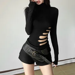 New Women's Solid Color Slim Fit Street Fashion Round Neck Long Sleeved Hollowed Out Top for Women