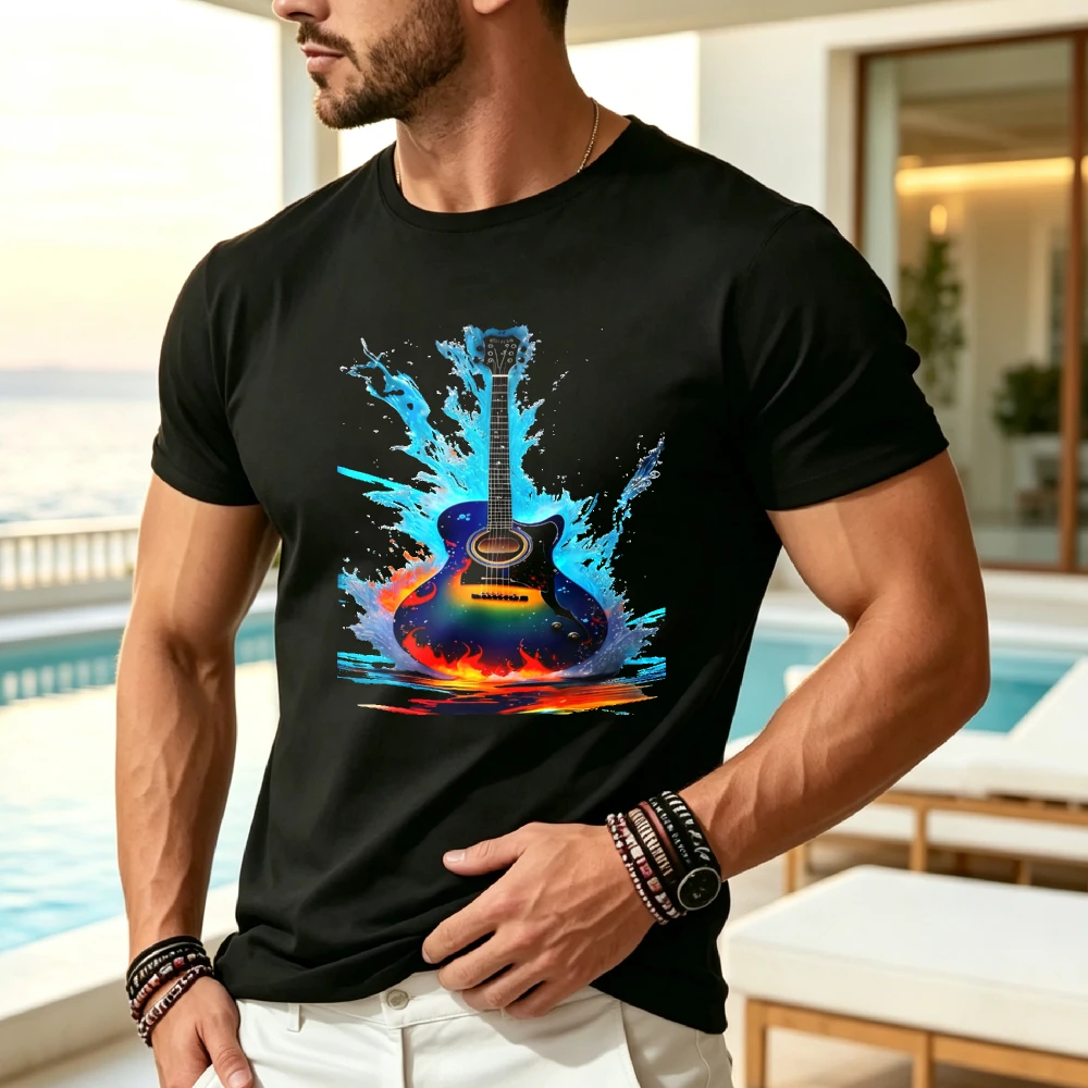 Men's and Guitar Fire and Water Graphic T-Shirt - Electric Guitar Design with Flames - Black Tee - Breathable Cotton Shirt for Musicians - Birthday/Holiday Gift for Guitarists - All-Season Casual Wear, Guitar T Shirt, Music Fan Apparel