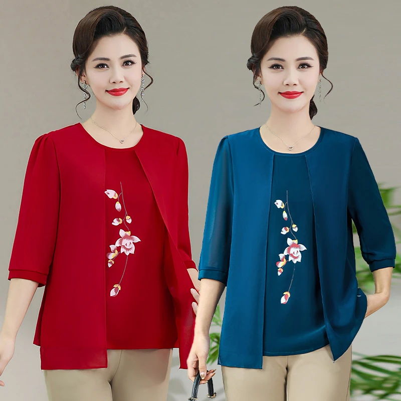 

Summer Half Sleeve Casual Blouse Two pieces of chiffon fake Female Clothing Gauze Spliced Folk Floral Printed Shirt