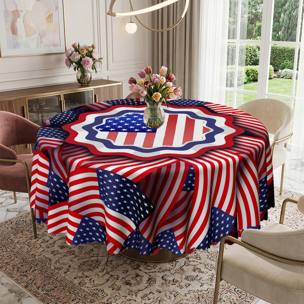 Patriotic American Flag Round Tablecloth, 4th of July Independence Day Red White Blue Stars and Stripes Table Cover for Kitchen Dining Room Picnic BBQ Party, Washable Decorative Table Cloth for Memorial Day Veterans Day Indoor Outdoor Home Decor