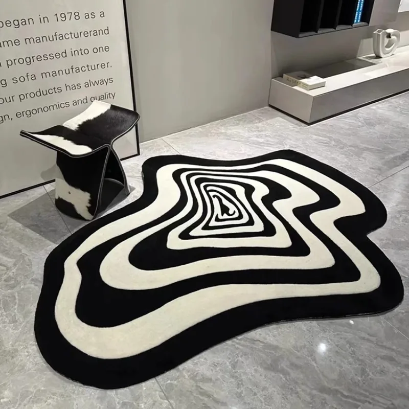 

Modern Irregular Living Room Creative Carpet Black White Minimalist Abstract Stripes Bedroom Bedside Carpet Short Plush Soft Rug