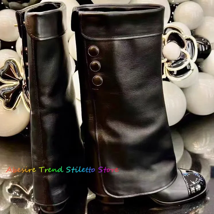 2024 New in Black Block Heel Leather Knee High Boots Luxury Designer Round Toe Chunky Heel Long Boots Banquet Shoes For Women