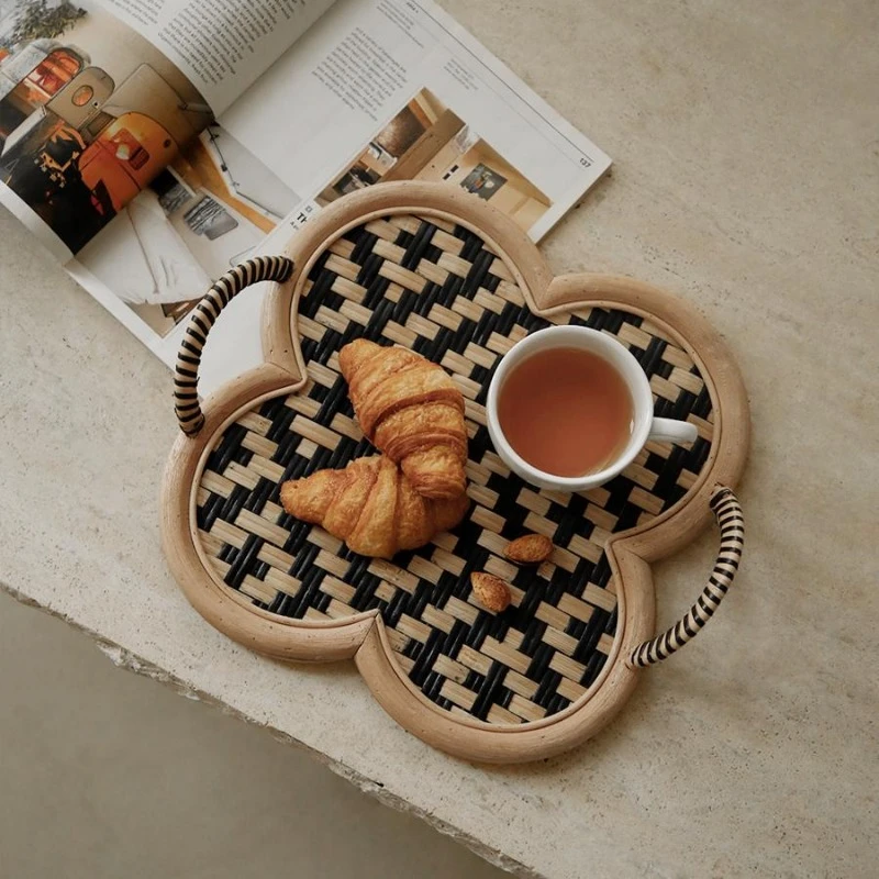 Wabi-si Wind Retro Hand-woven Tray for Snacks Ornaments Living Room French Medieval Style Storage Tray Home Woven Tea Tray