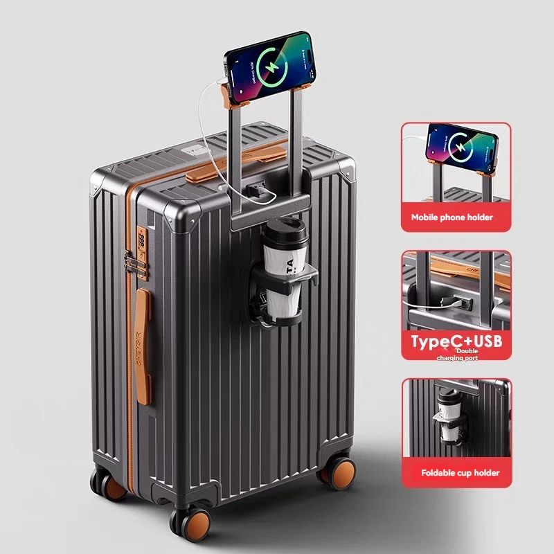 Suporte de copo com zíper de roda giratória leve de 24 polegadas, mala de viagem para estudantes, mala de embarque, mala de 20 polegadas