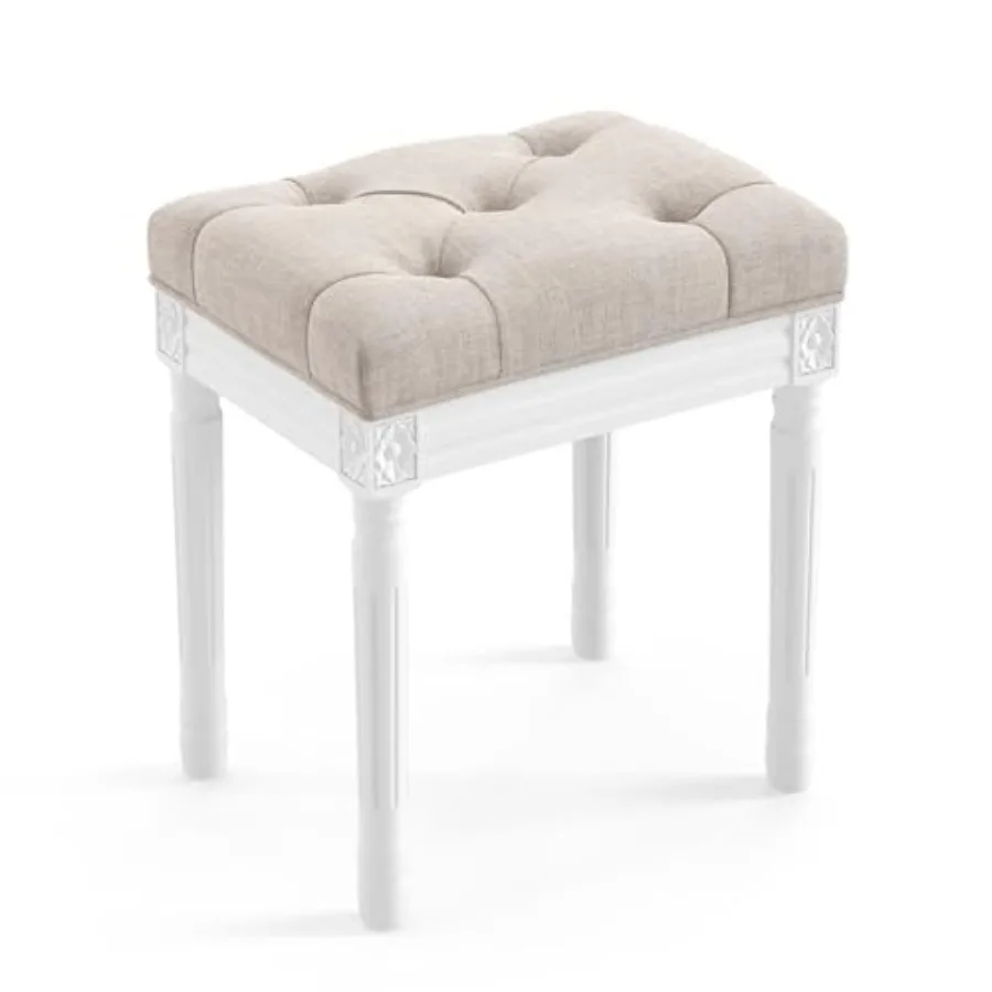 

Upholstered Fabric Vanity Bench Seat, Makeup Stools for Vanity, Square Tufted Ottoman Bench with Carved White Legs for Bedroom
