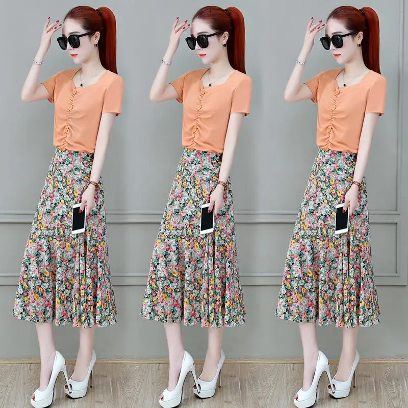 2024 Summer Bohemian Flower Chiffon Skirt 2-piece Set Women's Short Sleeved Shirt Printed Middle Skirt Beach Dress L34