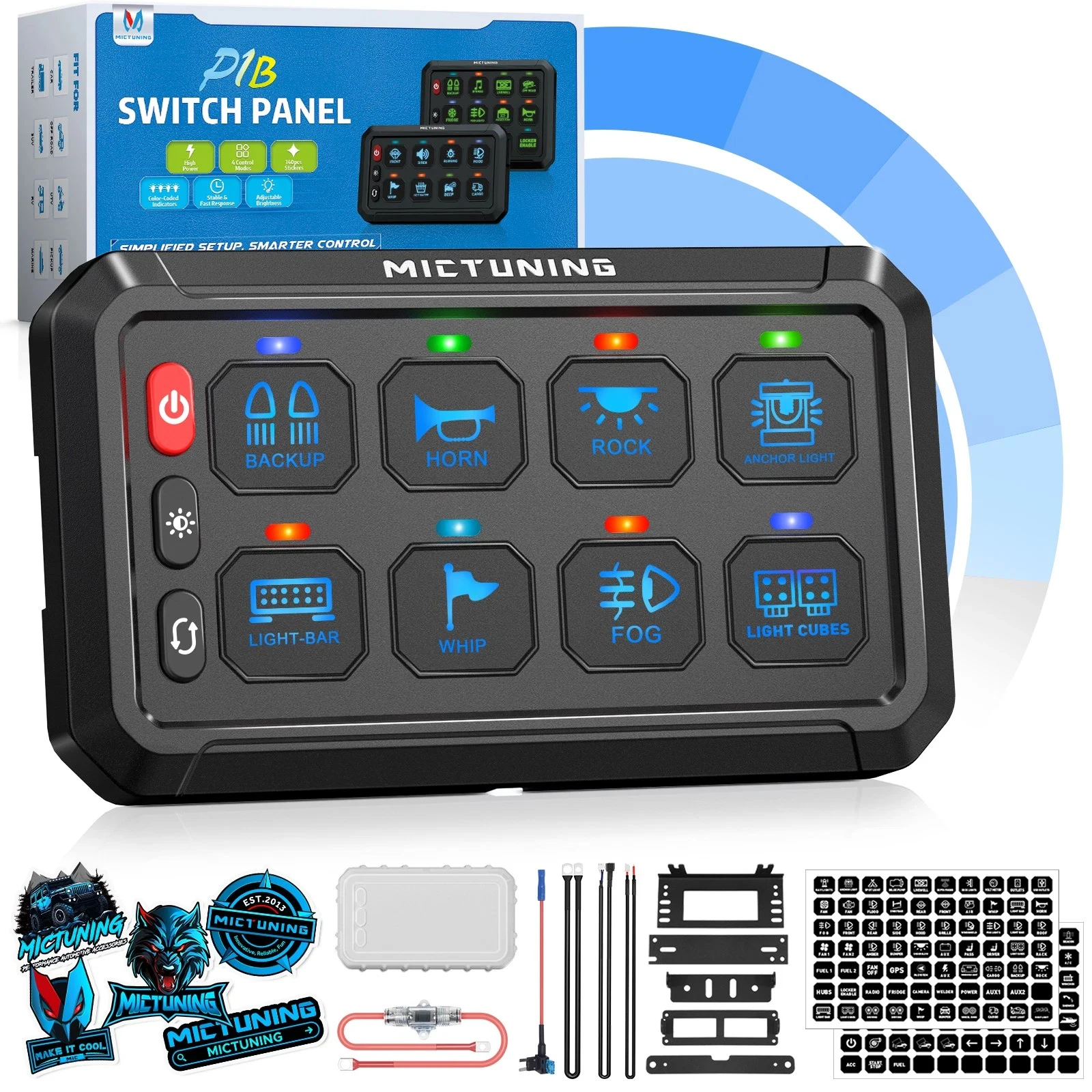 MICTUNING 8 Gang Switch Panel P1B Blue Color Toggle Touch On-Off Circuit Control Relay Box for Car Truck SUV RV Camper