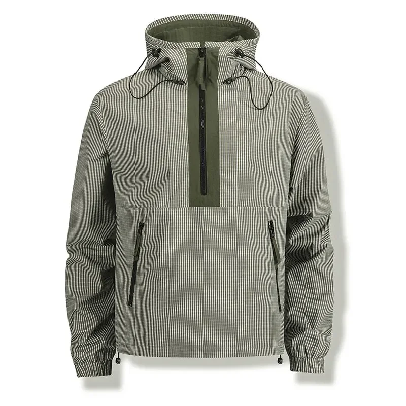 

Sport Jacket Men Waterproof Windproof Coat Running Sport Stripe Patchwork Half Zipper Adjustable Drawstring Hooded Jackets Man
