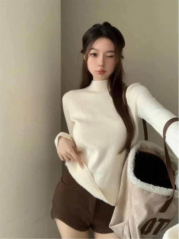 Women's Fce Lined Thiened Inteated Velvet f High Collar Knitted Sweater Autumn Winter Warm Inner Wear Base Layer T-...
