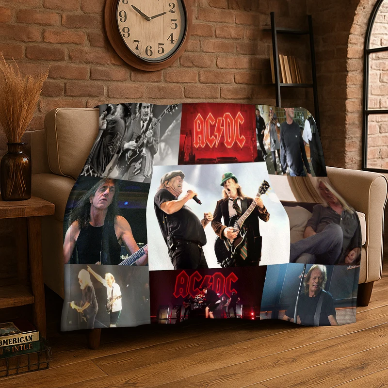 Retro ACDC Rock Band Catoon Flannel Blanket Soft Warm Throw Blanket for Bedroom Living Room Bed Travel Camping Picnic Gift