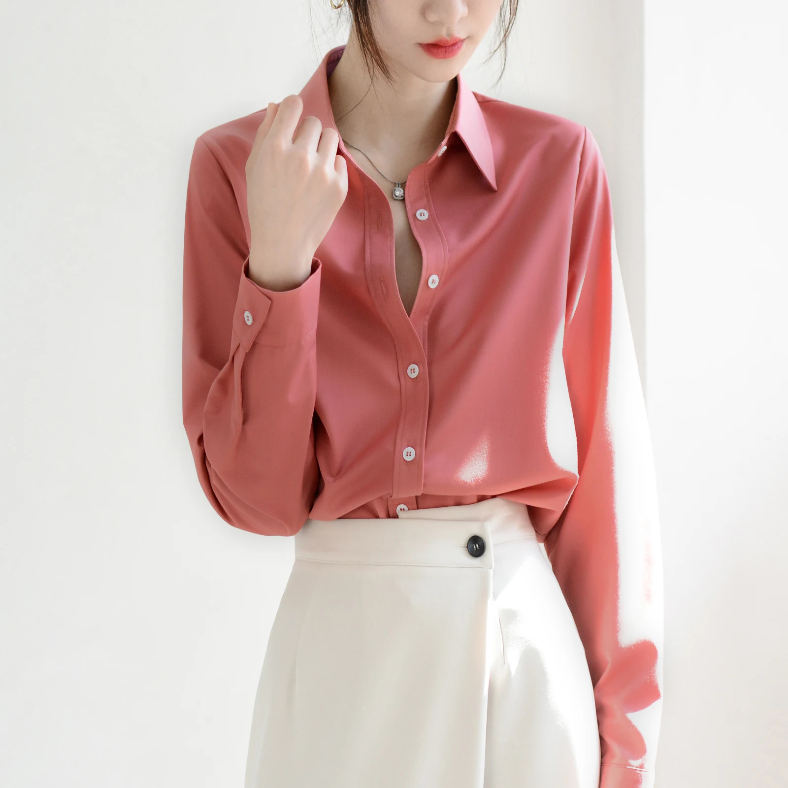 

TRR Early Spring eenery Series Women's Chic Long Sve irt Slightly Loose arp Collar Top Polyester Fiber Anti-Wrinkle