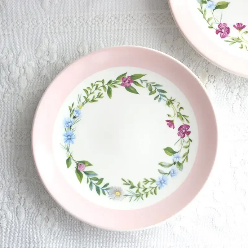 Flowers Ceramic Plates French Style Small Cake Retro Pink Dessert Dining Plate Household Afternoon Tea Exquisite Tableware