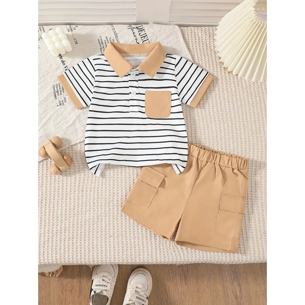 2PCS Toddler Boy Clothes Set Short Sleeve Striped Top+Work Shorts Summer Korean-style Casual Outfits for 0-3 Infant Boy Years