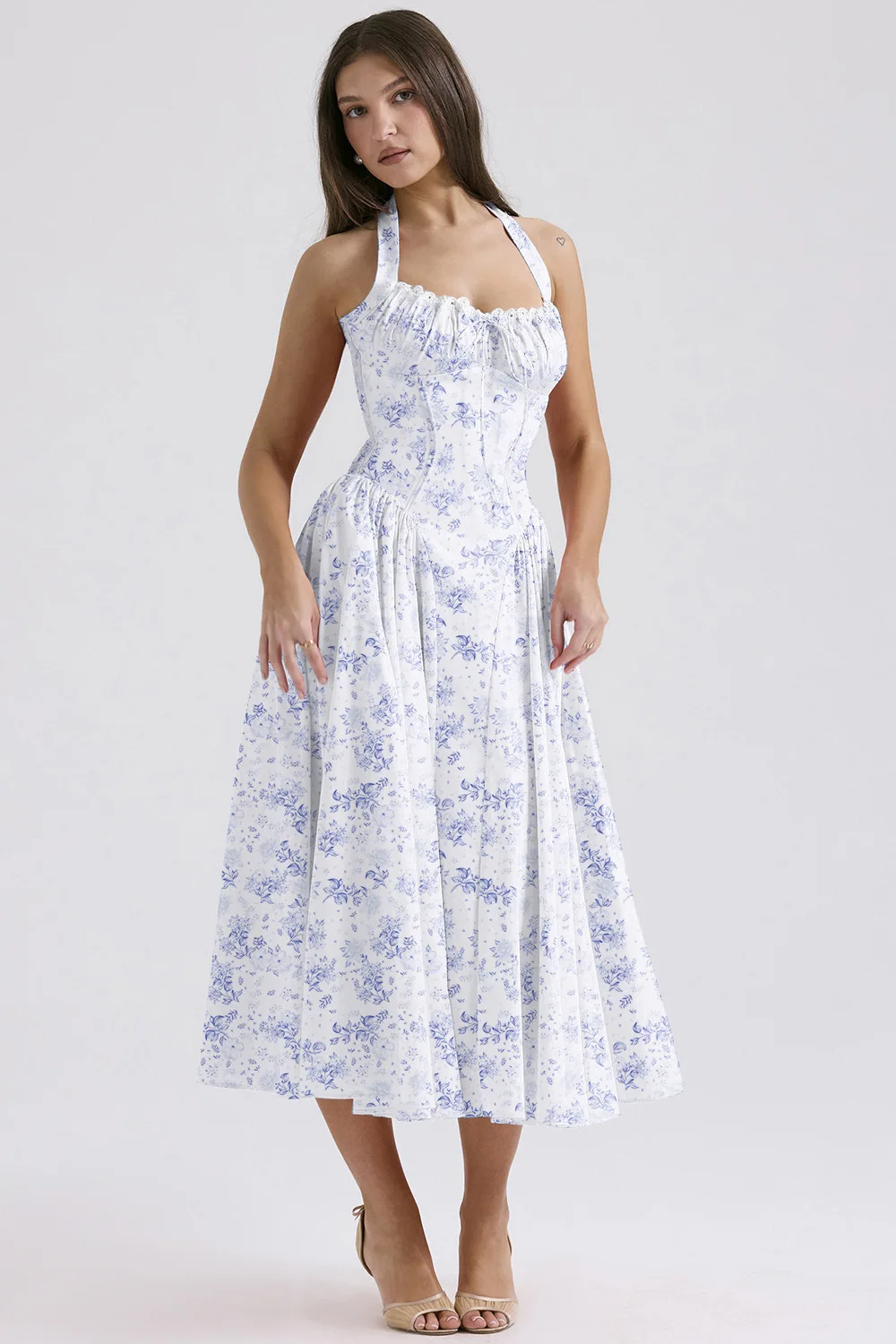 Boho Sleeveless Halter Neck Low Cut Midi Dresses French Milksmaid Dress For Spring Summer Holiday 2025 Floral Dress