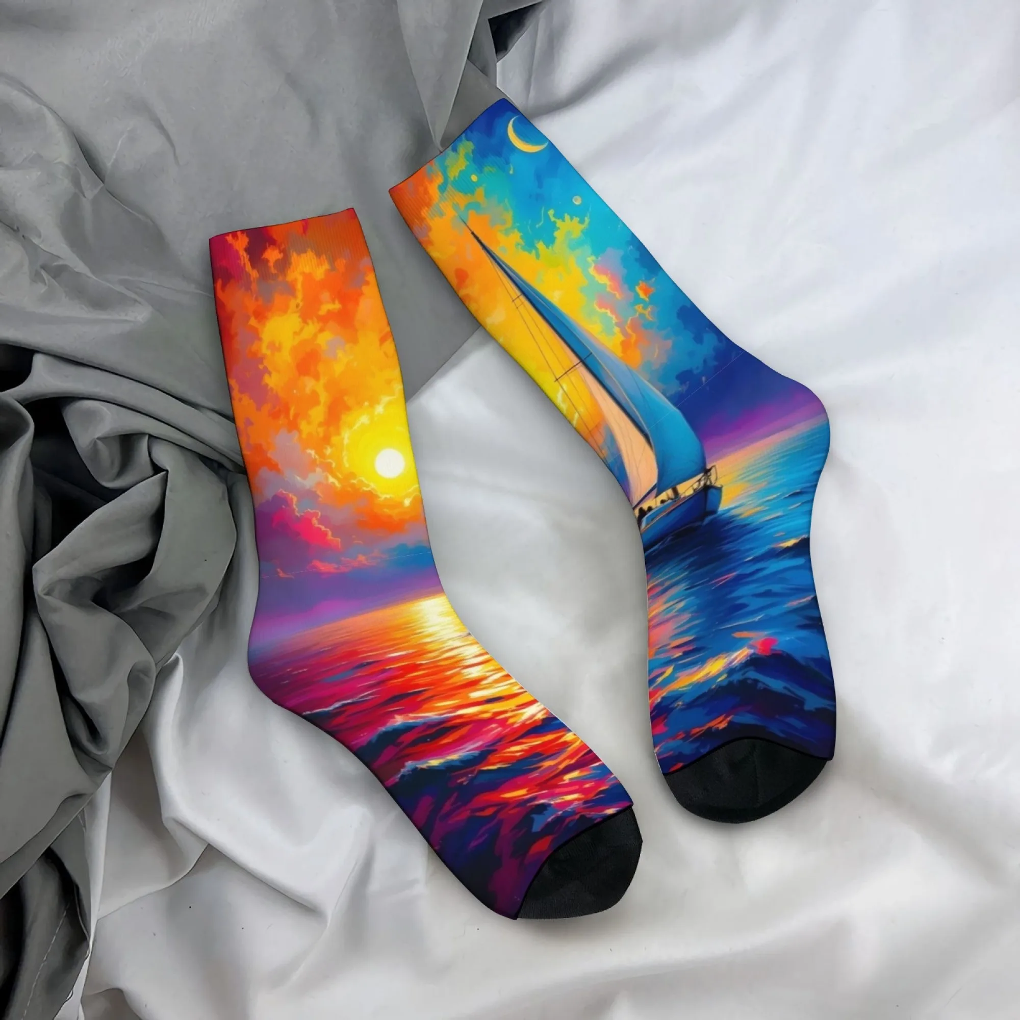 Ölgemälde Segelboot Kunst Socken Retro-Stil Lässige Mode Herrensocken Atmungsaktive Anti-Rutsch Outdoor Reise Radfahren Sportsocken